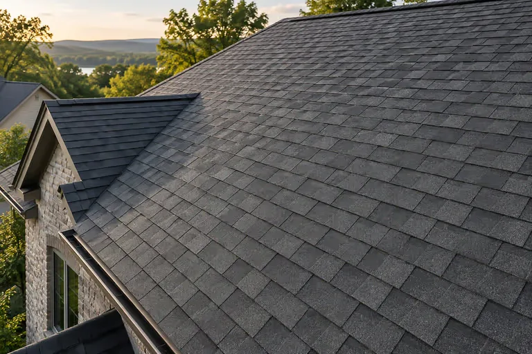 Broad view across a finished asphalt shingle roof, the shingle rows running straight and evenly spaced.