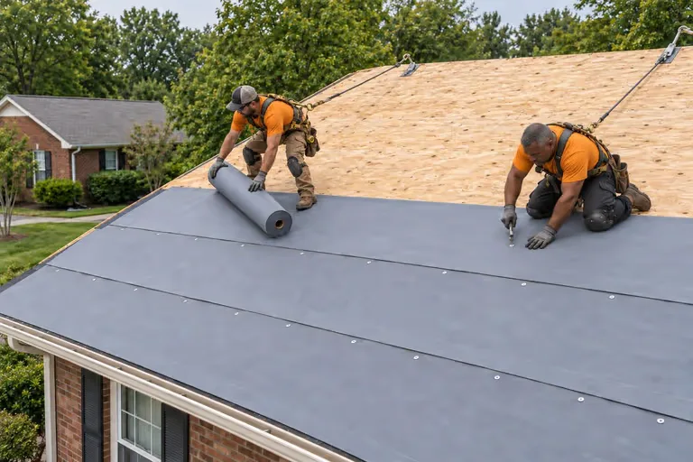 Two roofers rolling grey synthetic underlayment across a roof deck and fastening it with white cap nails.
