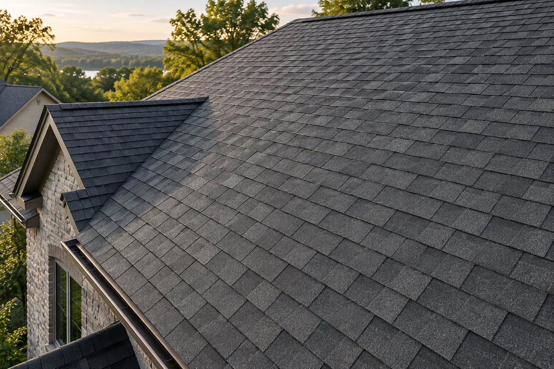 Broad view across a finished asphalt shingle roof, the shingle rows running straight and evenly spaced.