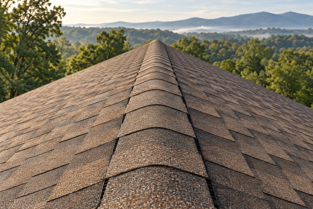 View along the peak of a finished roof, ridge cap shingles running straight into the distance.