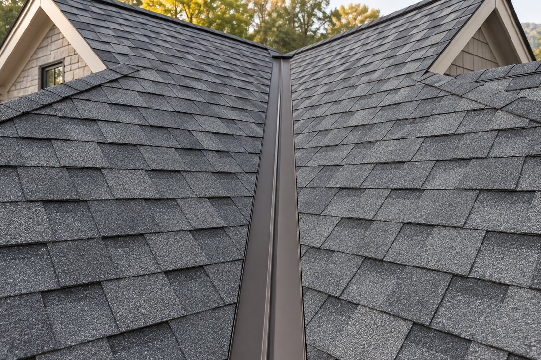 An open metal valley running between two adjoining roof planes, shingle edges cut clean along both sides.