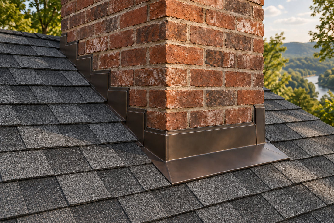 A brick chimney on a grey shingle roof with stepped metal flashing up its side and counter-flashing set into the brickwork.