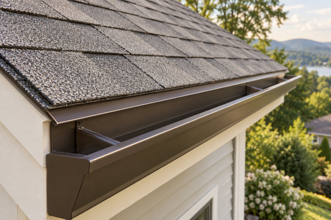 The finished lower edge of a shingle roof, showing the drip edge and the gutter below it.