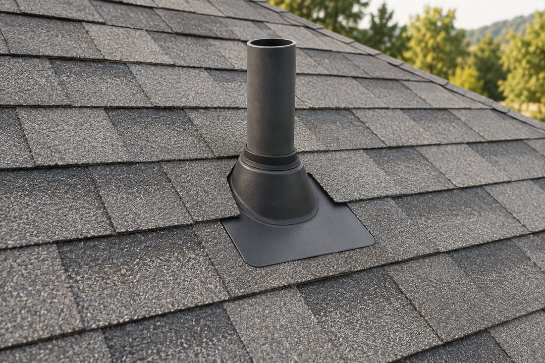 A plumbing vent pipe on a shingle roof, sealed with a flashing boot seated flat into the surrounding courses.