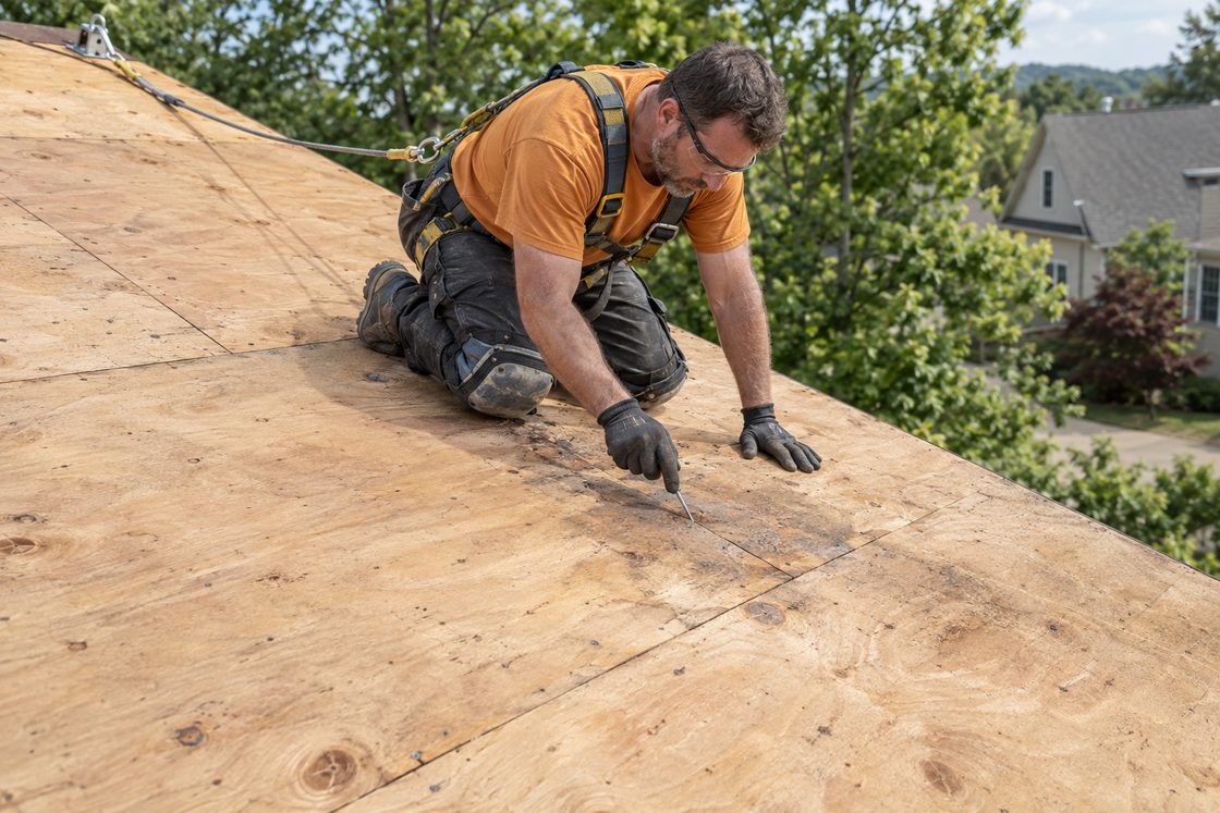 Roofer kneeling on bare plywood roof decking, inspecting and marking a sheet before it is covered.