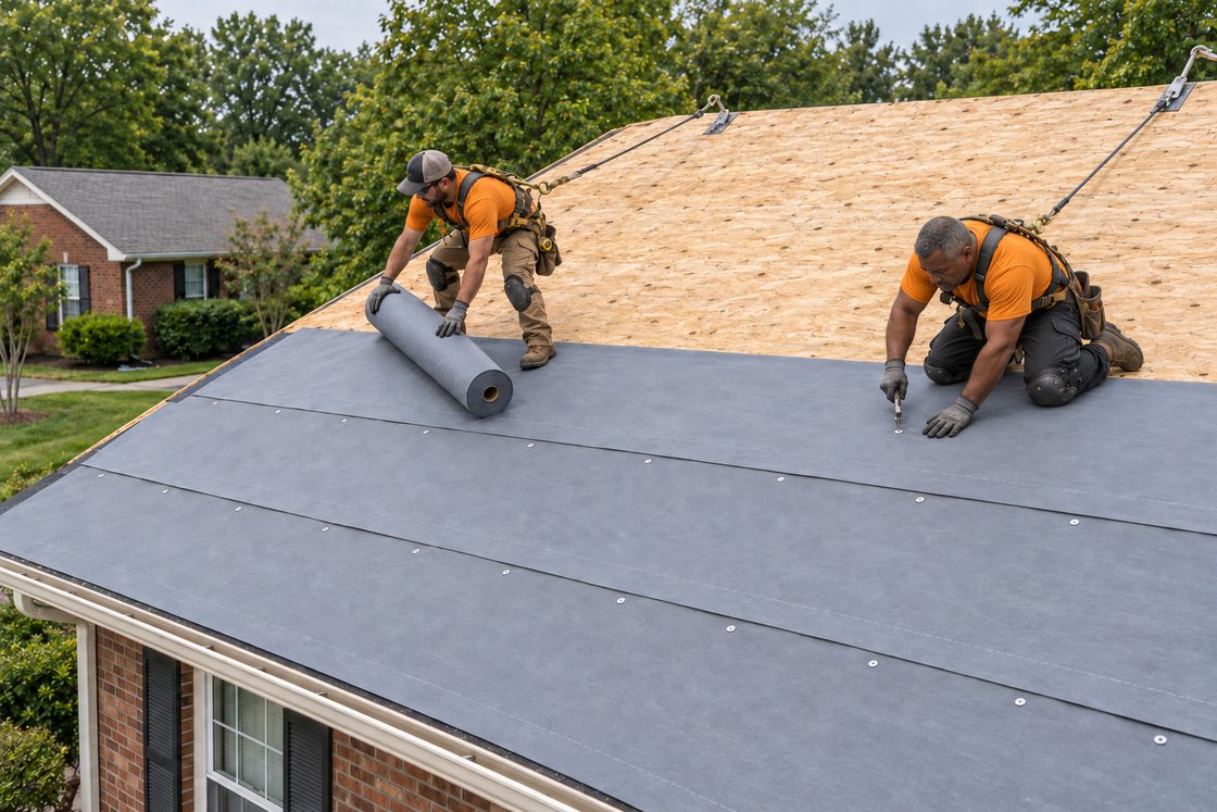 Two roofers rolling grey synthetic underlayment across a roof deck and fastening it with white cap nails.