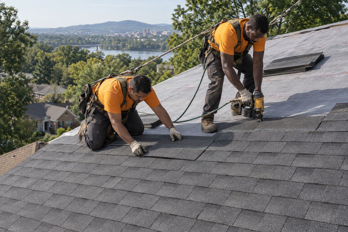 Two roofers laying and nailing architectural shingles over underlayment on a residential roof.