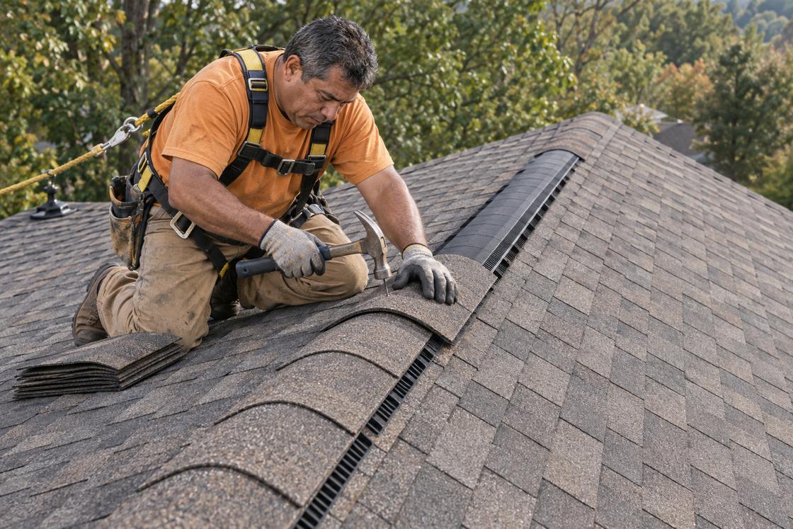 Roofer nailing a ridge cap shingle over a corrugated ridge vent along the peak of a finished roof.